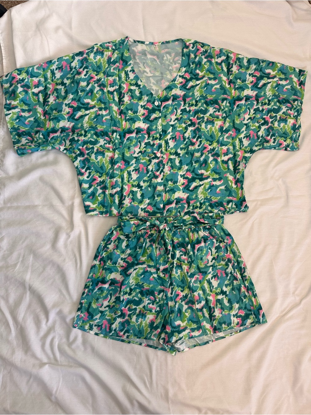 Women’s Short Pajama Set / lounge or Beach wear in Teal pink Green Print